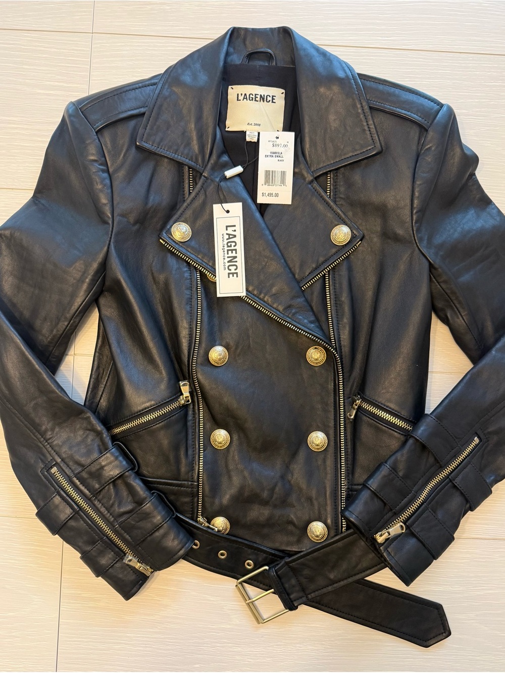 L'AGENCE Black Double-Breasted Leather Moto Jacket with Gold Buttons